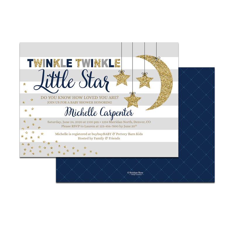 twinkle twinkle little star baby shower invitation for boys, navy, gold, gray, moon and stars